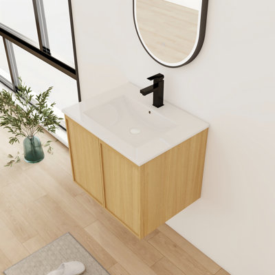 Meuble-lavabo simple 24 po avec lavabo supérieur en céramique, meuble-lavabo mural avec 2 portes à fermeture douce