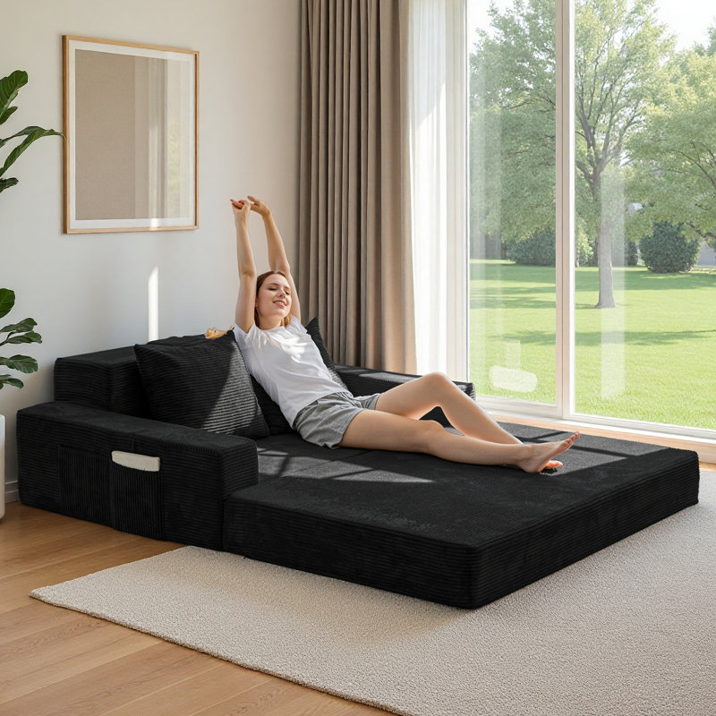 Boneless Black Corduroy Loveseat Sofa Bed, 4 In 1 Foldable Floor Sofa Couch In A Box With 2 Cup Holders, Black Corduroy