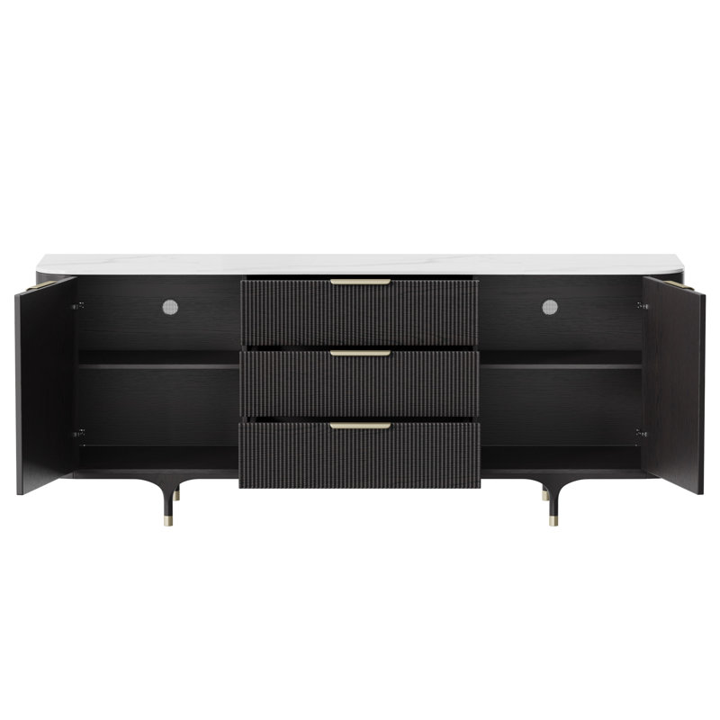 80'' Modern Fluted Solid Wood Sideboard Buffet with Adjustable Shelves Storage and Stone Slab Top