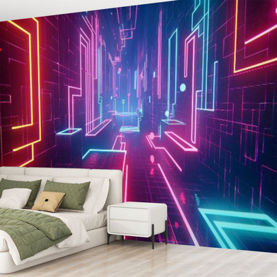 Peel and Stick Canvas Wallpaper Wall Mural 80s Neon Retro Synthwave 3D Labyrinth Wall Art Self Adhesive and Removable