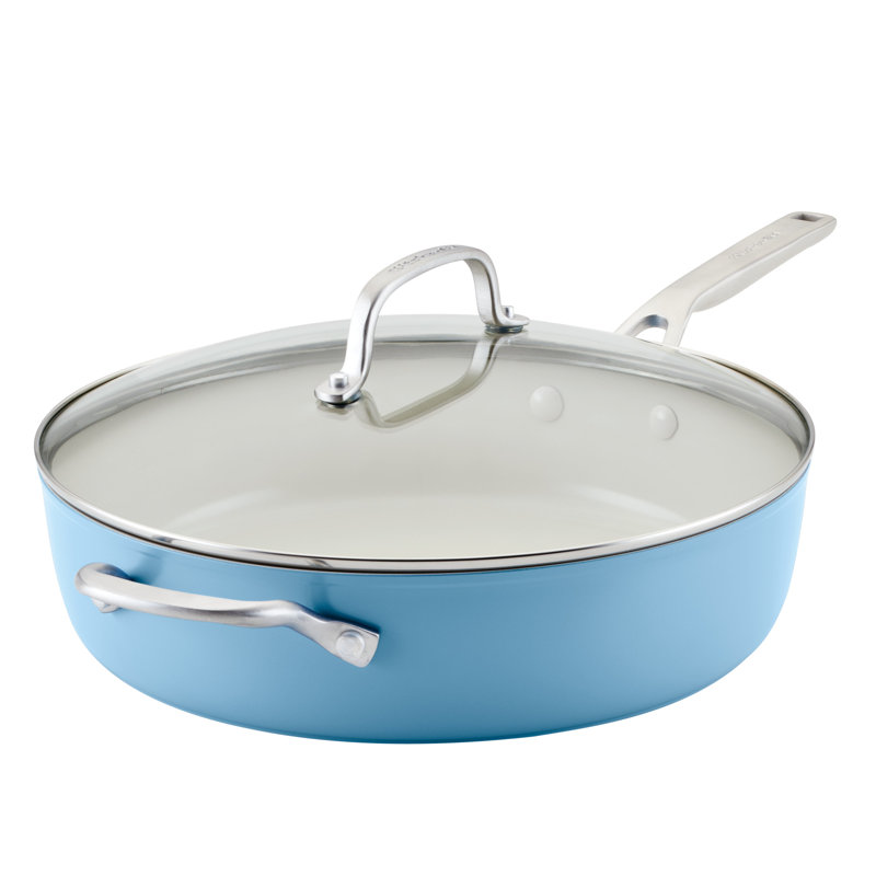 KitchenAid Hard Anodized Ceramic Nonstick Saute Pan with Lid, 5 Quart, Blue Velvet