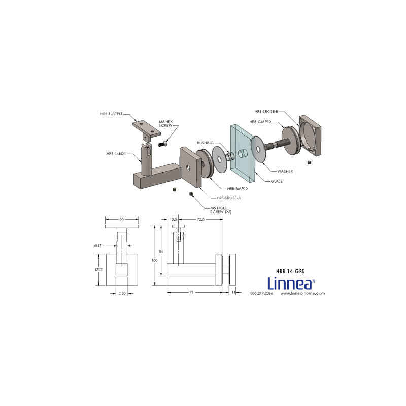 Glass Mount Handrail Bracket with Square Rose and Flat Plate, Polish Stainless Steel