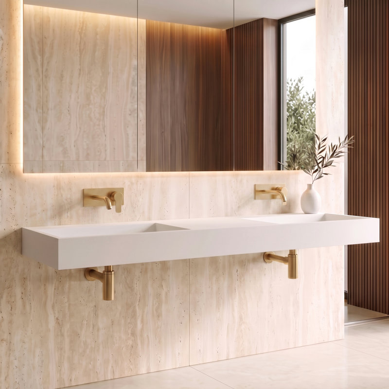 Lavabo de salle de bain mural à surface flottante avec drain dissimulé 72 po Juniper - blanc, sans trous de robinet, Blanc