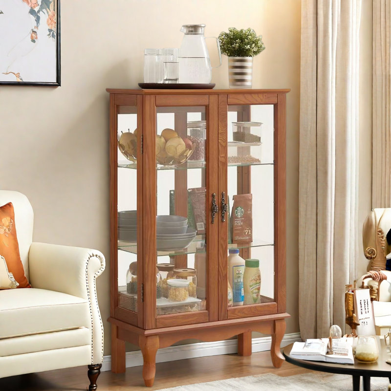 Curio Cabinet With 2 Tempered Glass Doors, Adjustable Shelves And Led Light, Oak