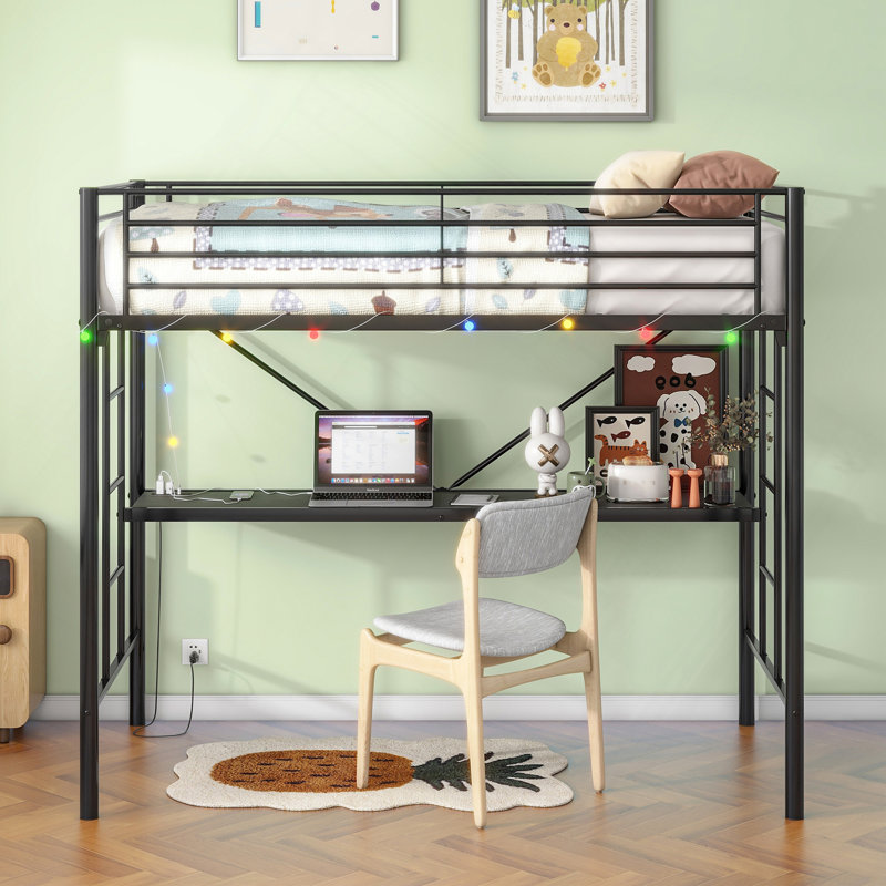 Lit mezzanine simple en métal avec bureau, prise de courant et éclairage à DEL, garde de sécurité et échelle, aucun sommier nécessaire, noir