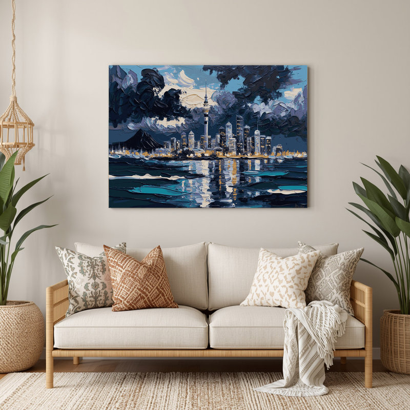 Art mural bleu en villes avec villes en Nouvelle-Zélande, H 132 po x l 168 po x P 0,05 po