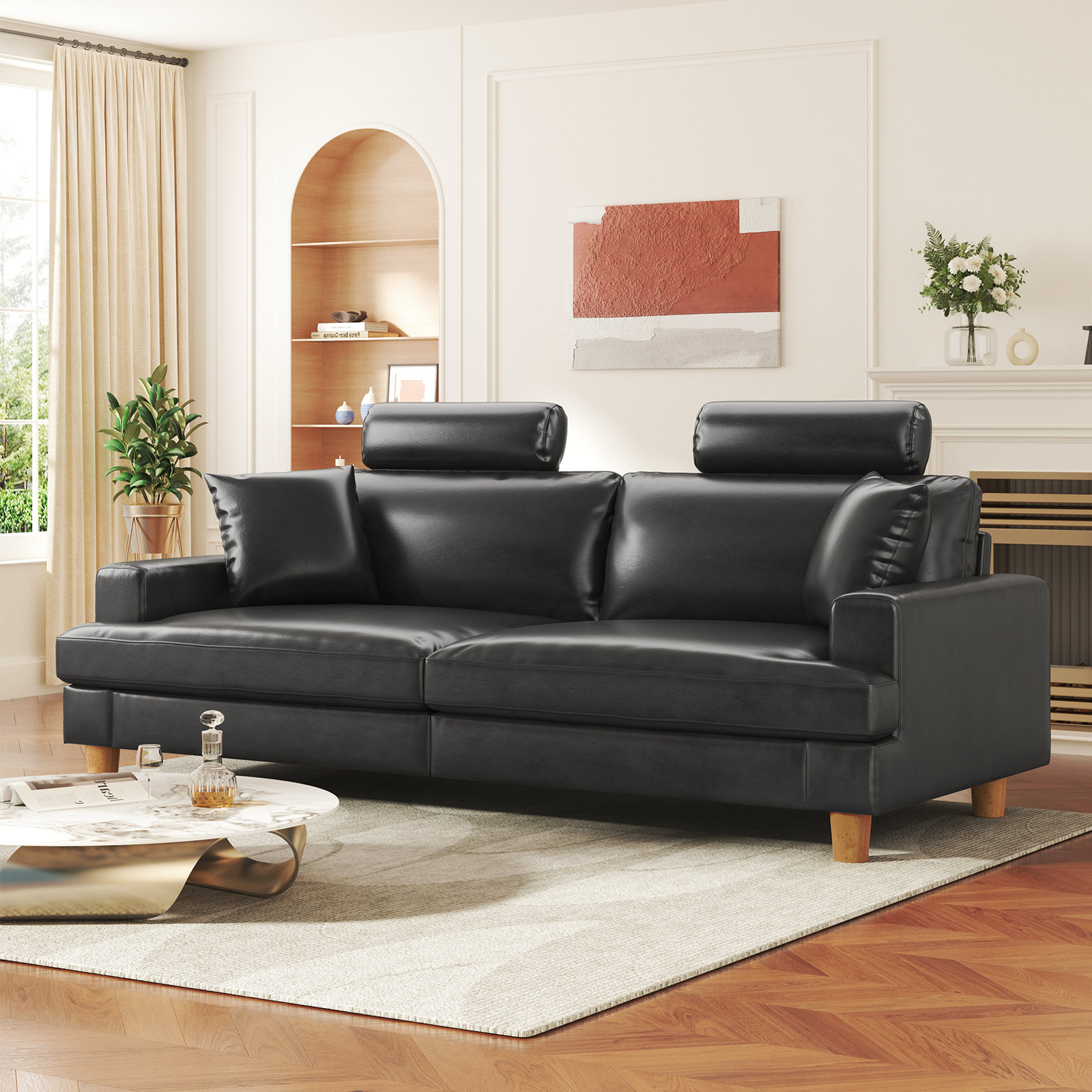 Ebern Designs 87"W Classic Faux Leather Couch, Mid Century Modern Comfy ...