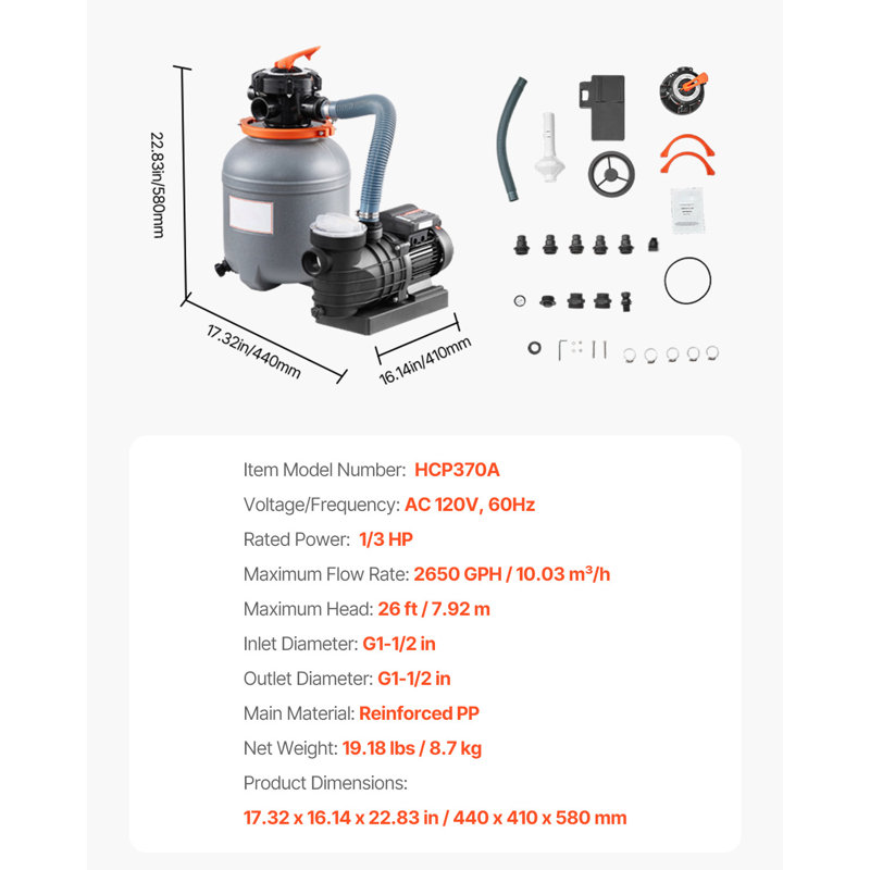 Pompe à filtre à sable 12 po pour piscines hors terre 1/3 HP 2650 GPH Débit
