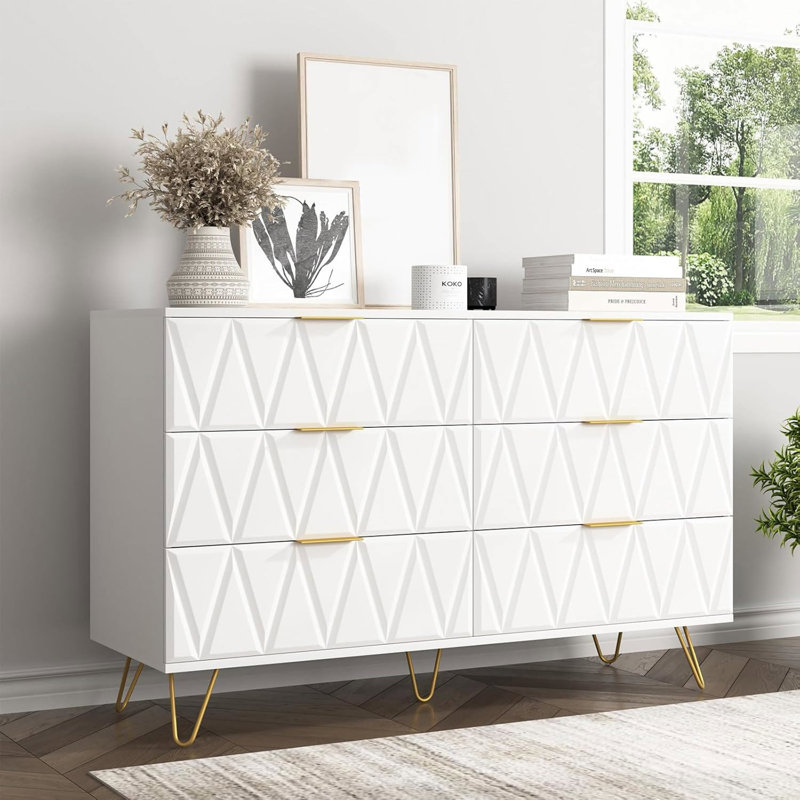 Commode 6 tiroirs blanche moderne avec pieds en bois