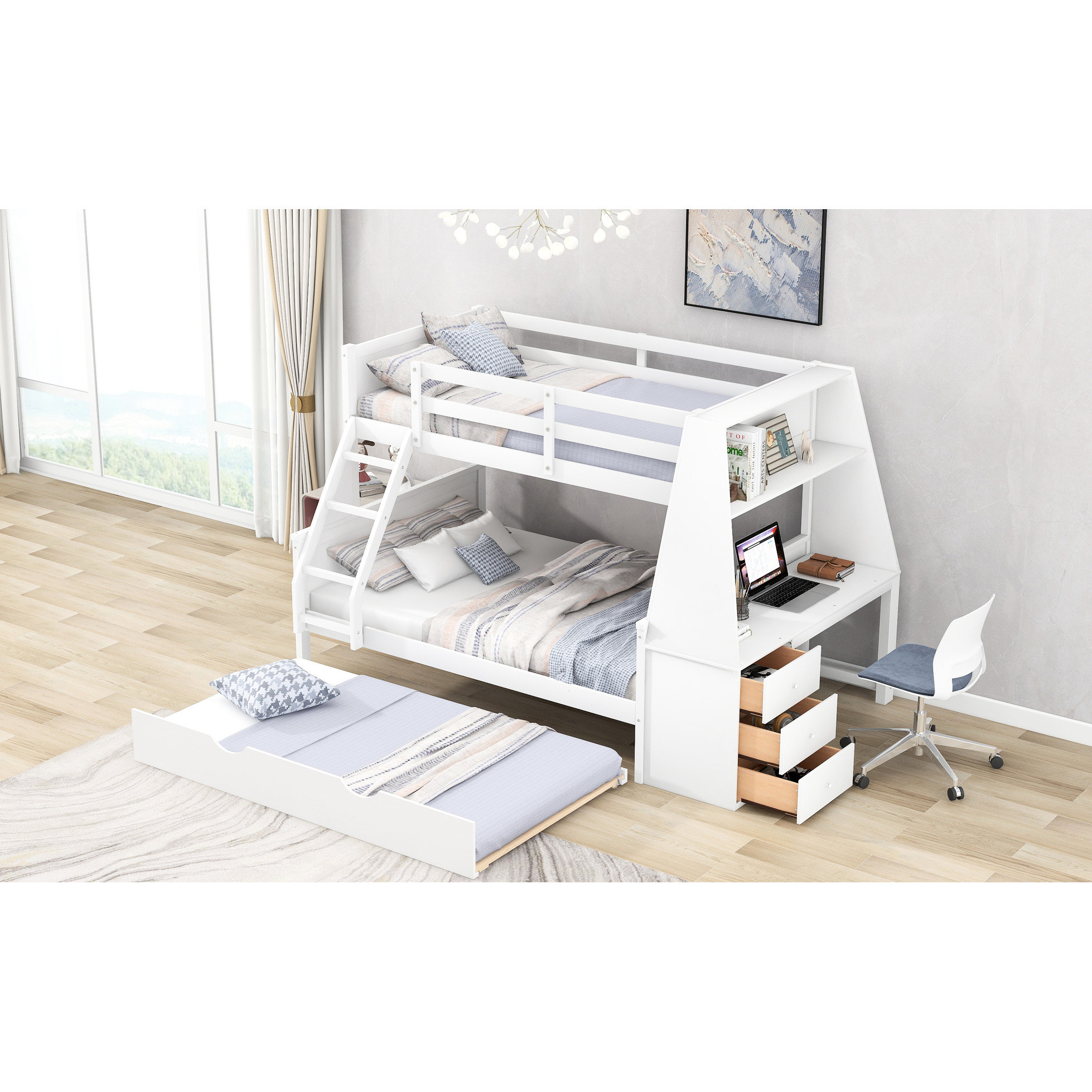 Latitude Run® Twin Over Full Bunk Bed With Trundle, Desk & Shelf, White ...