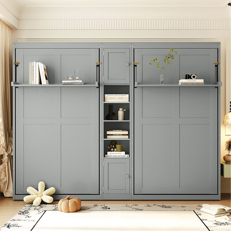 Lits simples escamotables doubles avec armoires et tablettes, gris, Gray