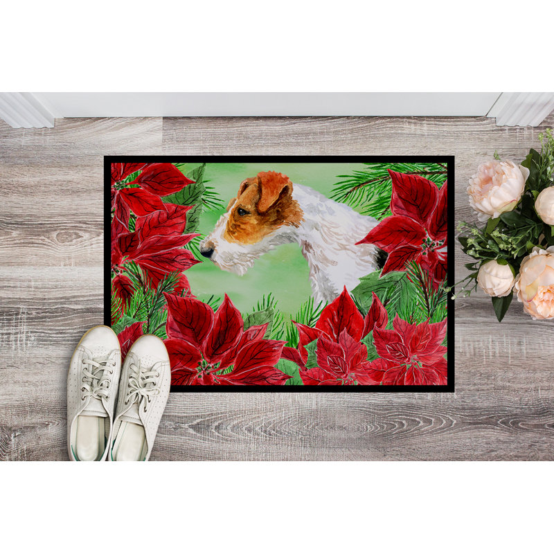 Tapis de porte d’extérieur anti-dérapant fox terrier poinsettas, Rectangle 1 pi 6 po x 2 pi 3 po