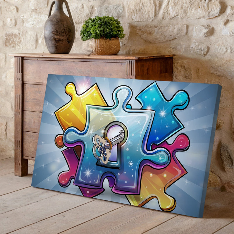 Toile, une illustration abstraite vibrante avec une grande pièce de casse-tête translucide au centre conçue de manière complexe avec un art mural sur toile