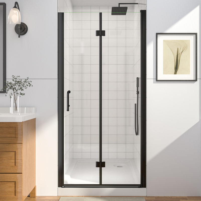 Porte de douche pliante en verre sans cadre, 91-95 cm de largeur x 183 cm de hauteur, Noir