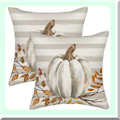 Autumn Harvest Stripes Pillow Covers - Set of 2, Decorative Throw Pillows Case for Couch with Maple Leaves & Pumpkin Decor - Indoor Outdoor Sofa Bed Decorations
