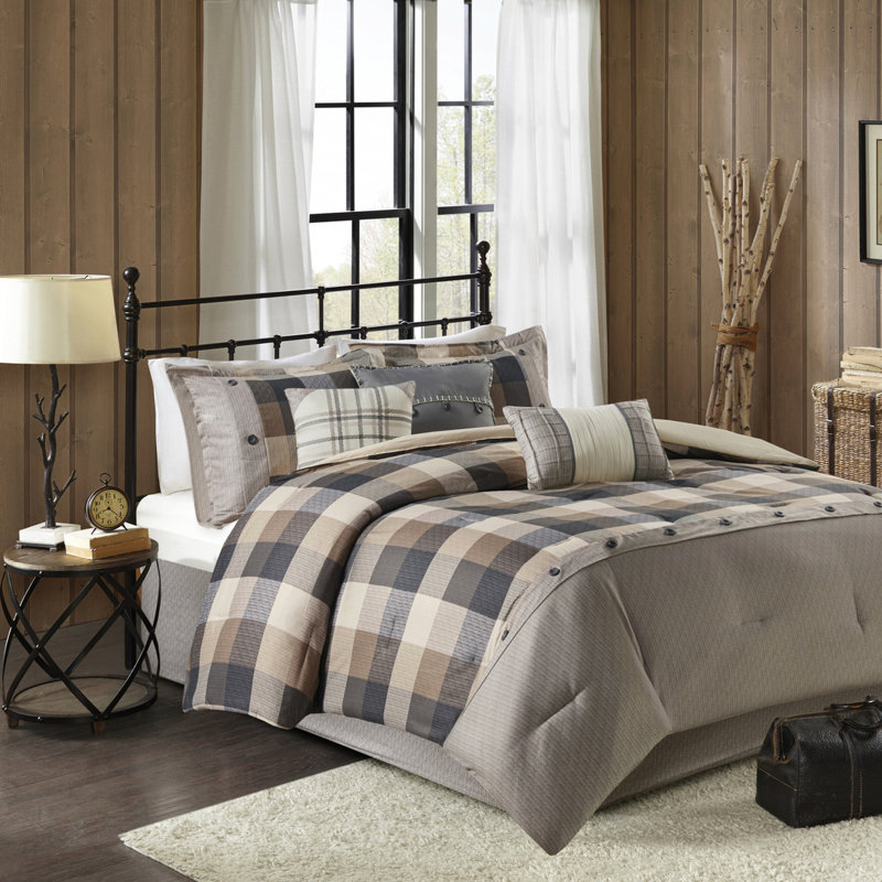 7 édredon neutre à chevrons pour très grand lit, motif à carreaux Buffalo, couvre-lit, taies décoratives, coussins décoratifs, jupe de lit, lavable à la machine, 7 pièces, teinté, rembourré, avec coussins et
