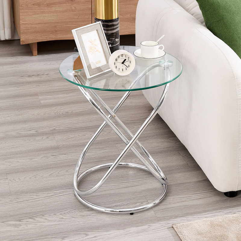 Jefre Tempered Glass Top End Table with Plated Metal Base, Silver
