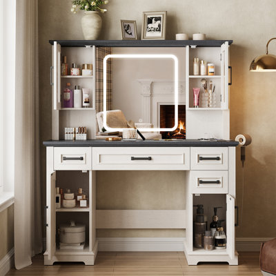 Farmhouse Vanity Desk With Mirror And Lights