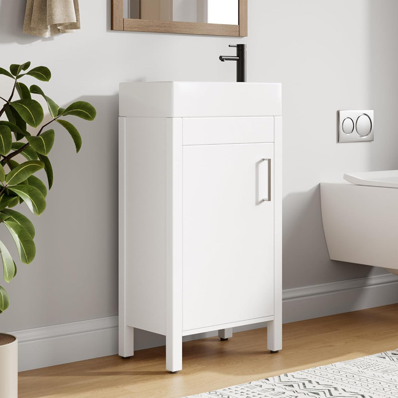 Meuble-lavabo de 16 po avec lavabo, meuble-lavabo en bois autoportant, portes à fermeture douce, blanc, Blanc