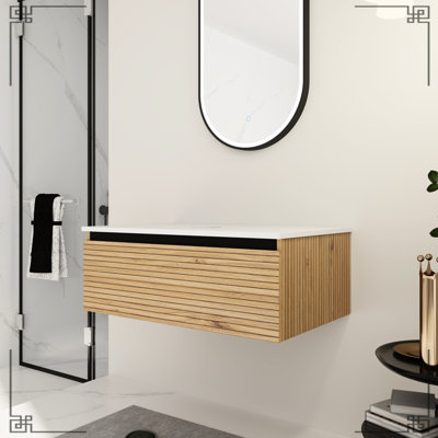 Meuble-lavabo de 30 po avec tiroir à fermeture en douceur, mobilier contemporain, couleur café, contreplaqué, surface de travail, grand espace de rangement, meuble-lavabo à rayures Midsummer Year, 1 finition moderne à l'eau,