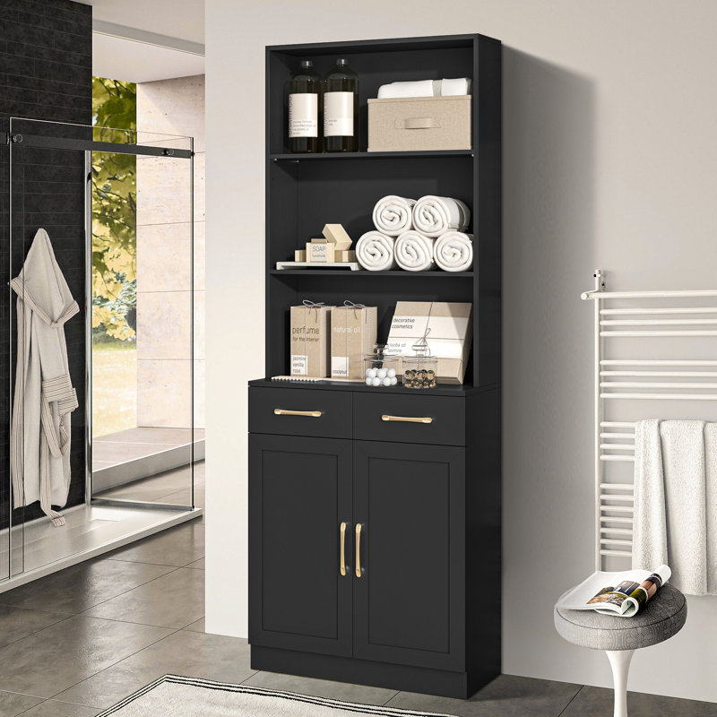 Tall Freestanding Bathroom Storage Linen Cabinet With 3 Layer Open Shelf,2 Doors And 2 Drawers, Adjustable Shelf, Black