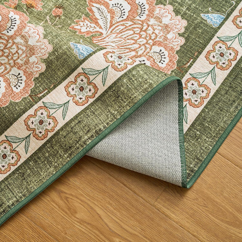 Tapis chinois chinois à motif floral rétro lavable antidérapant vert, Vert, Tapis de couloir 2 pi x 5 pi