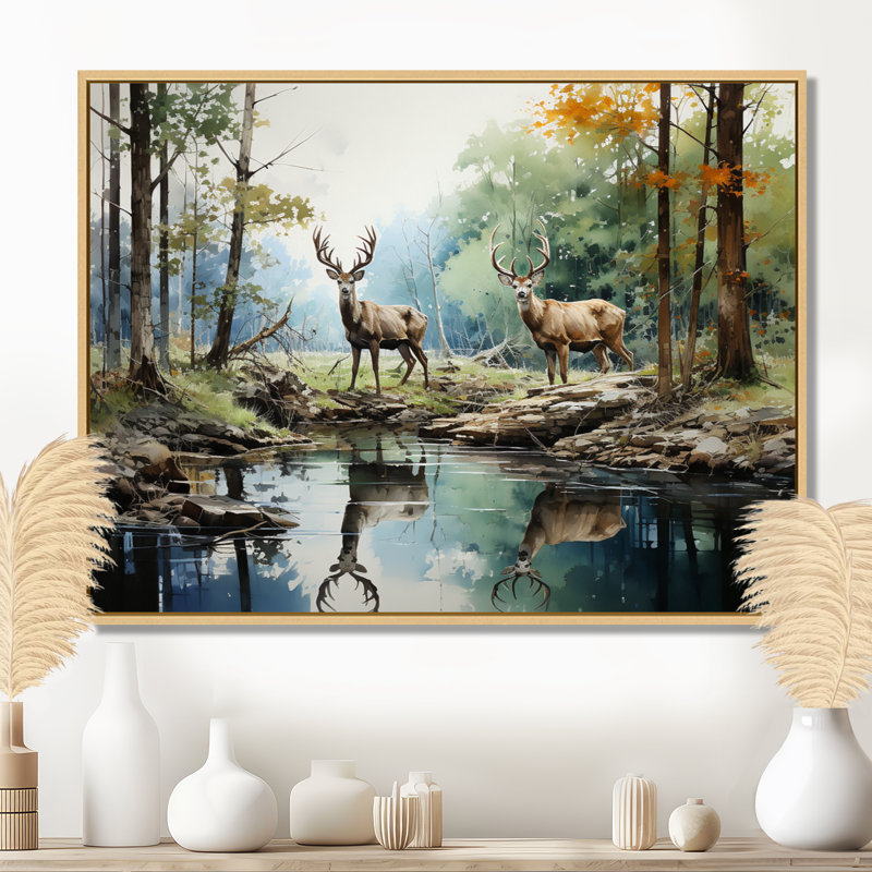 Deer Majestic Reflections - Print on Canvas, 12" H x 20" W x 1" D, Maple Floater Framed