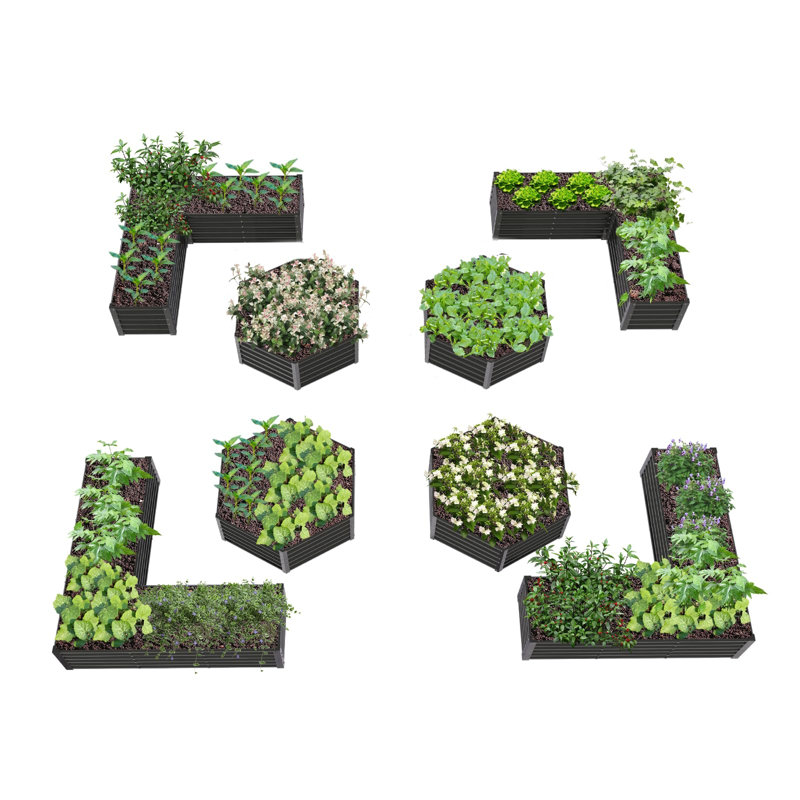 Ensemble de 8 boîtes à fleurs surélevées rectangulaires en forme de L en métal hexagonal gris (L 74 po x l 74 po x H 18 po)