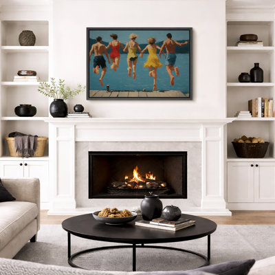 Vintage Summer Lake Jump Scene Artwork, Family Room Pictures, Framed Canvas Giclee Print Wall Art