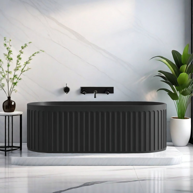Ensemble de douche et baignoire simple ovale en pierre artificielle l 67 po x H 21,6 po, Noir