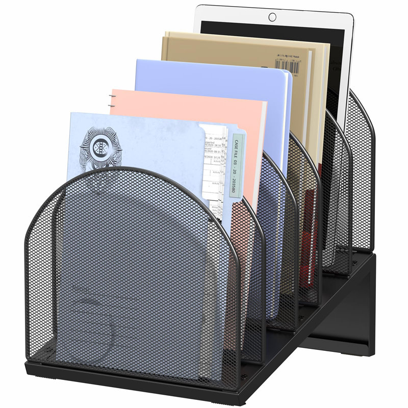 5-Section Desk File Organizer, Mesh Folder Organizer for Documents, Mail & Office Papers, (Black)