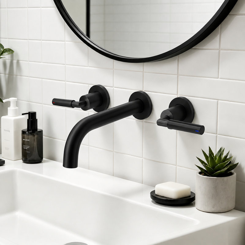 Robinet de salle de bain à 2 poignées avec drain, Noir mat