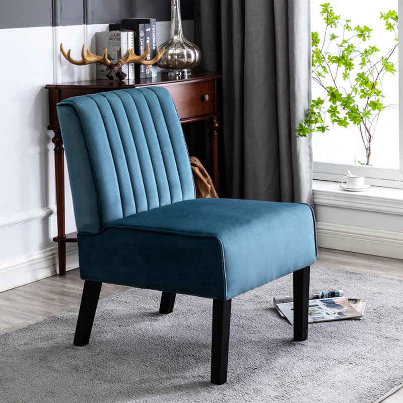 Lot de 2 fauteuils en velours bleu de style Mid-Century Modern avec pieds en bois massif, parfaits comme chaises d'appoint pour le salon ou la chambre à coucher, 5 cm de hauteur.