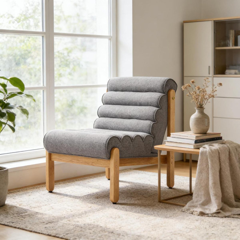 Fauteuil d'appoint Modern Comfort, bois massif et tissu de peau de mouton gris, Polyester gris foncé, Naturel