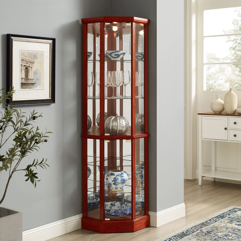Vitrine 6 tablettes avec tablettes réglables en verre et miroir en cerisier délicat 6 tablettes