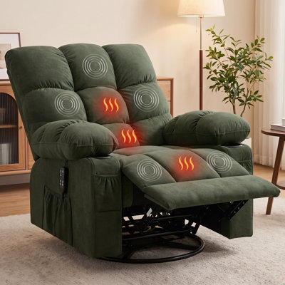 Green Wide-Seat Swivel Rocker Recliner with Massage, Lumbar Heat and USB Port