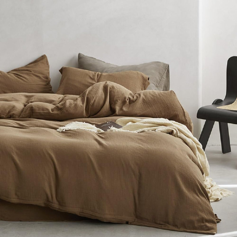 Muslin Duvet Cover Set 100% Cotton Double Layer Linen Like Gauze Comforter Cover Cream 3 Pieces, Brown