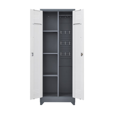 Broom Storage Cabinet With Locking Doors And Shelves, 65" H Metal Storage Cabinet With Hanging Rod & S-Hooks, Cleaning Tool Storage Cabinet Grey