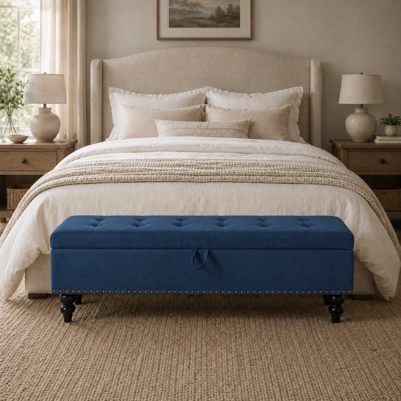 Élégant banc de rangement rembourré en lin et coton avec plateau rabattable, Bleu