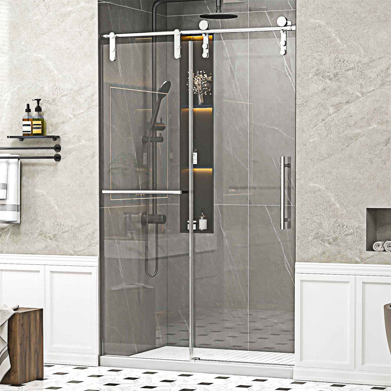 Portes de douche coulissantes simples sans cadre sans fermeture en douceur, Chrome chrome