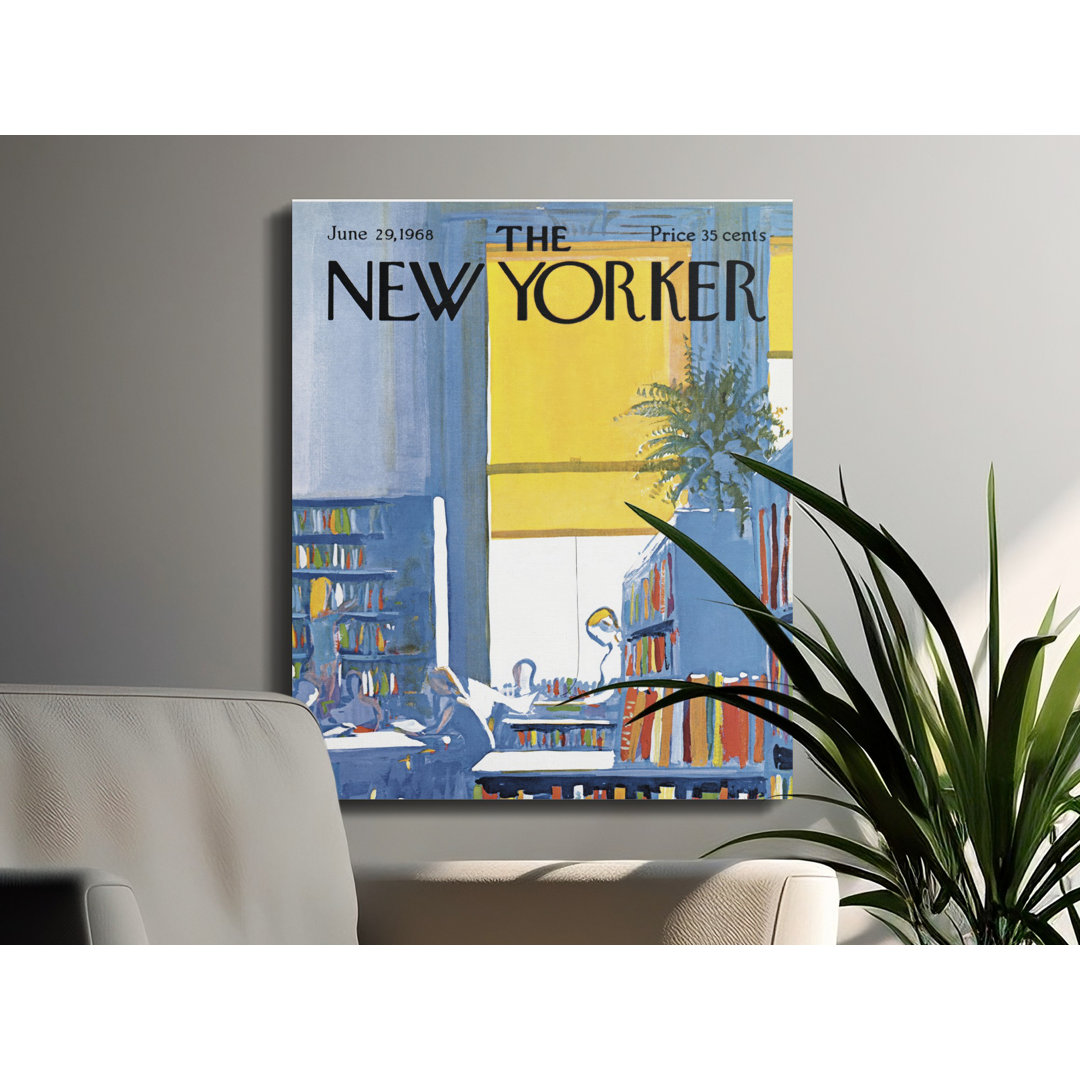 New Yorker Library Scene Canvas Wall Art, Vintage 1968 Magazine Cover, Bookshelf Art, Reading Nook Decor, Gallery Wrapped, Ready to Hang