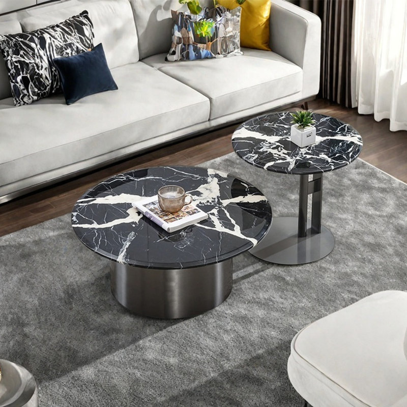 Ensemble de tables basses rondes en marbre, Noir / blanc, H 13,8 po x L 35,4 po x l 35,4 po, Gris