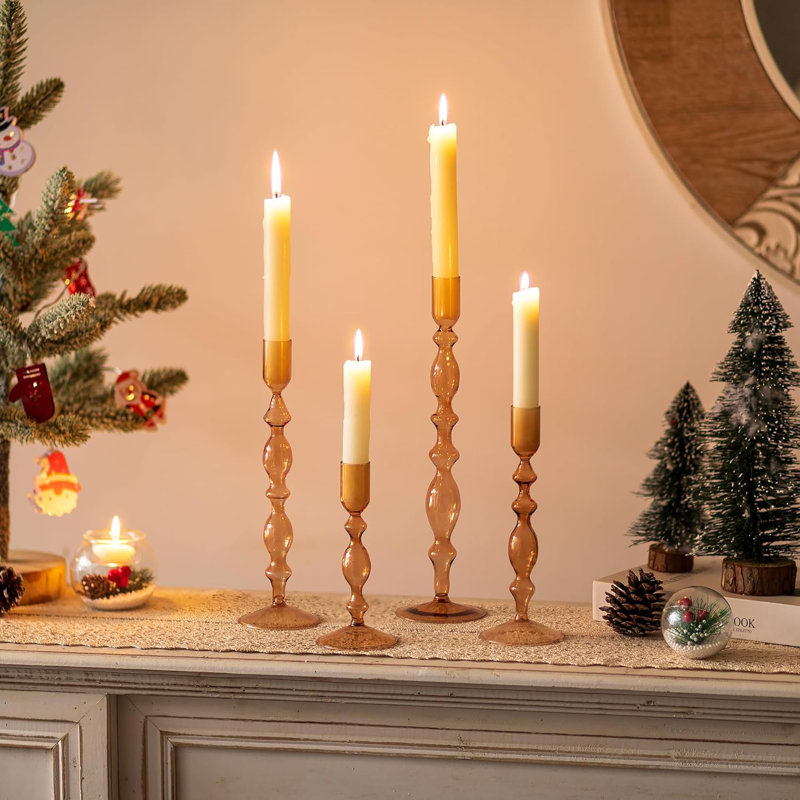 Modern Glass Candle Holder Set Of 4 - Tall Tapered Candlestick Holders For Dining Table Centerpiece, Christmas Party, And Home Decor