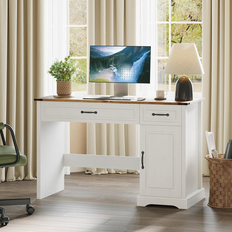 47" Farmhouse Executive Desk with Drawers & Cabinet, Rustic Computer Desk for Home Office, Antique White