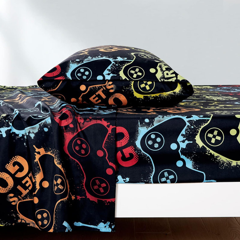 Fun Kids Teens Microfiber Sheet Set, Black Gamepad, Queen Sheet Set with 2 Pillowcases