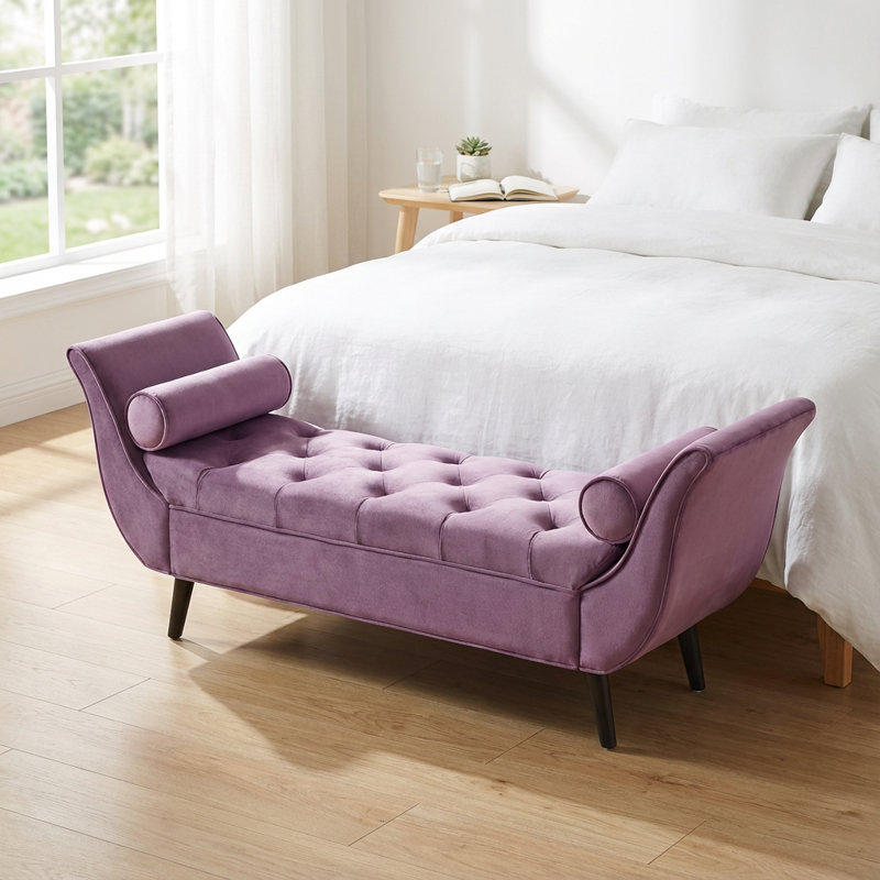 Banc rembourré en velours capitonné avec coussins, repose-pieds courbé, Mauve