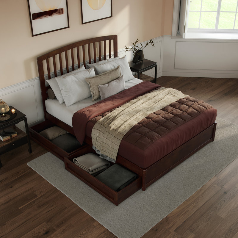 Lamari Solid Wood Storage Platform Bed with Footboard & Under Bed Drawers, Walnut, Queen