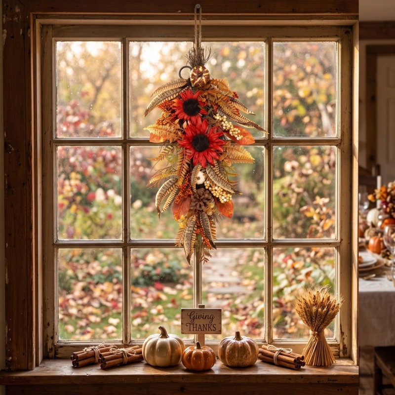 Décoration murale en forme de goutte d'automne avec tournesols rouges, citrouilles et pommes de pin, décoration murale de l'Action de grâce rustique