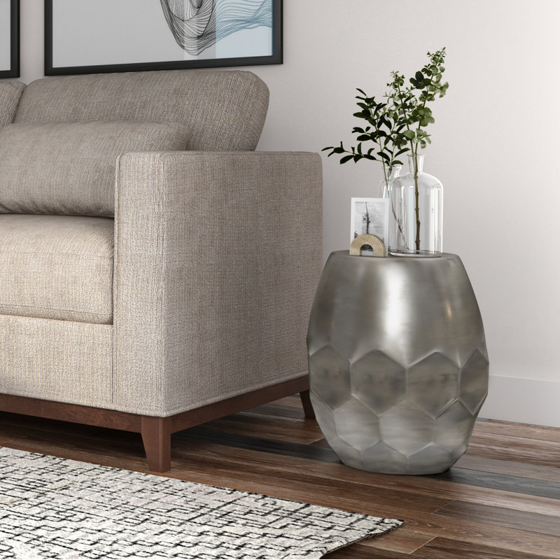 Flanigan 16"W Metal Transitional End Table with Drum Design and Honeycomb Pattern, Assembled, Antique Silver