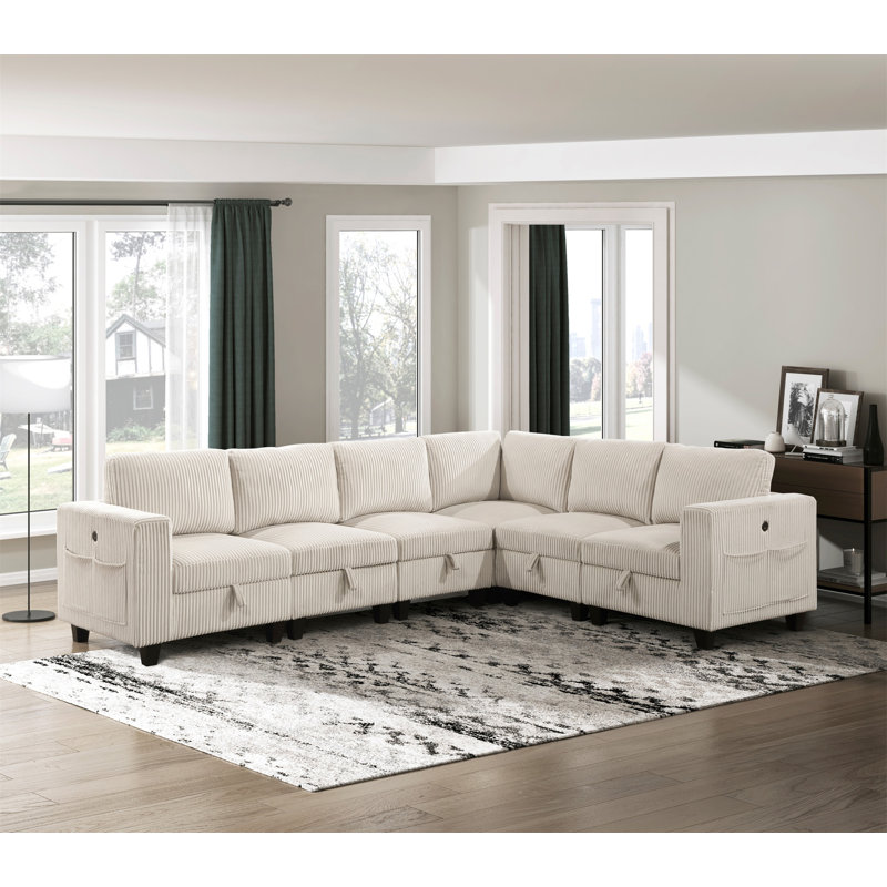 6-Piece Modular Sectional With Storage Seats, 35.5" H x 112" W x 89" D, Beige